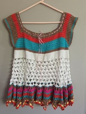 Sharon Young Crochet Striped Top - Turquoise, Orange & Brown